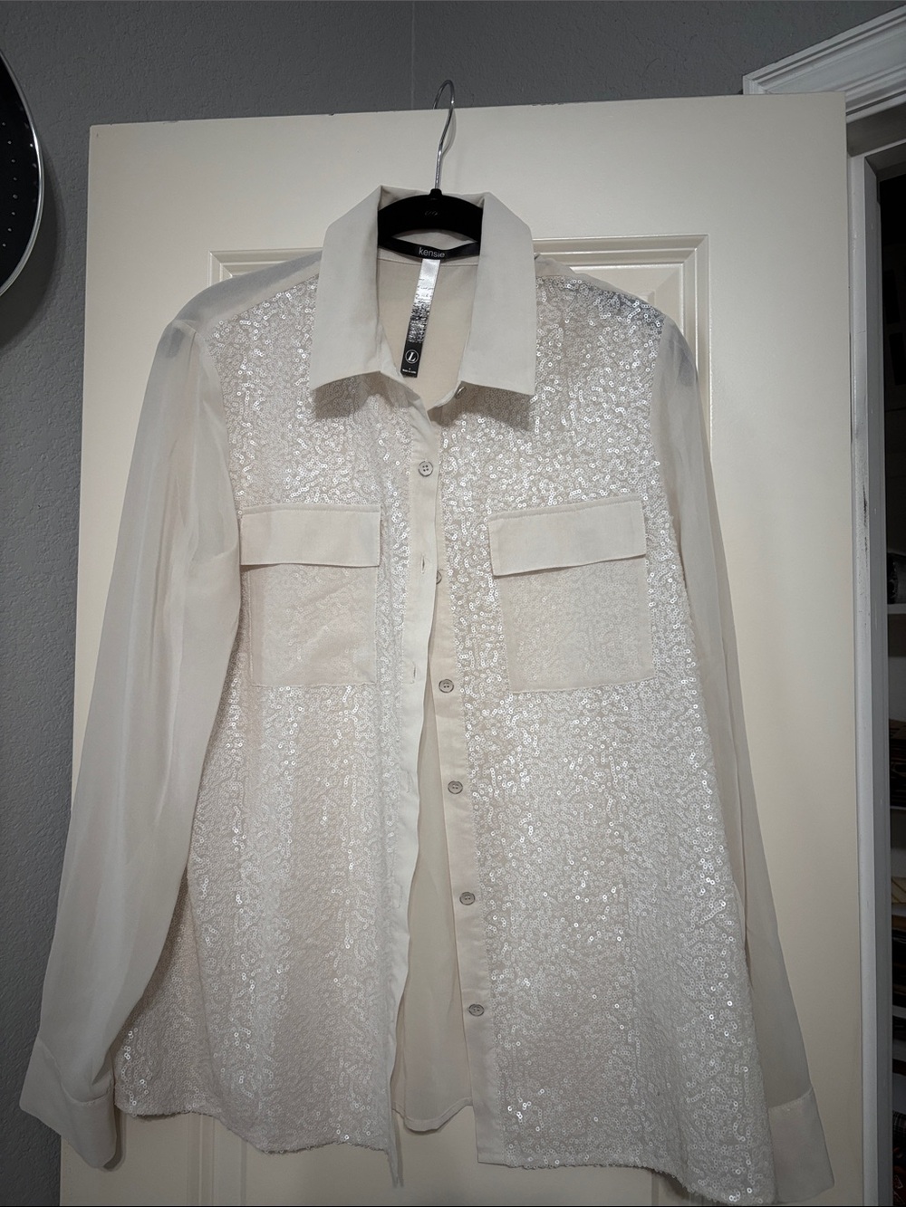 Kensie Cream Sequin Button-Down Blouse